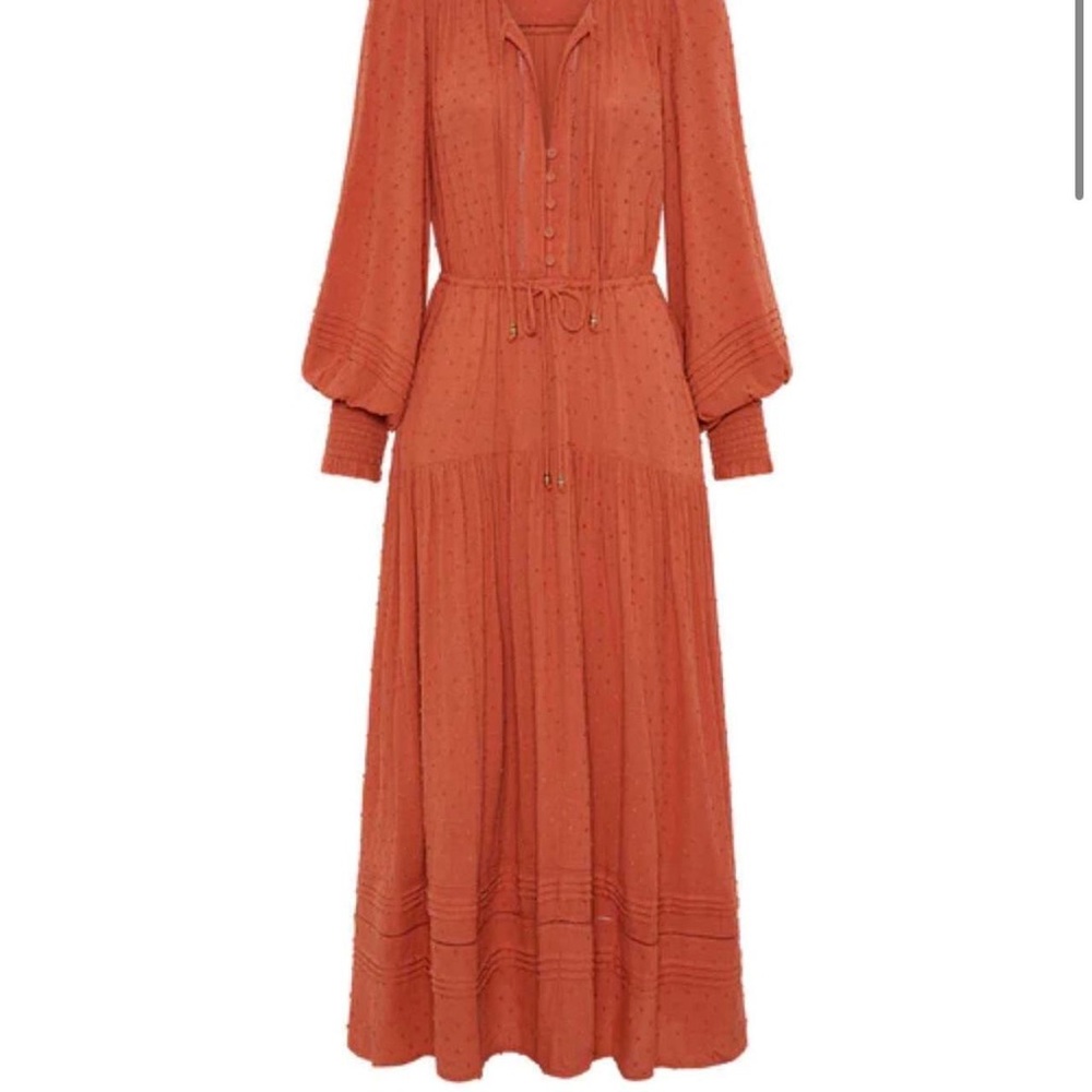 Kivari Boho Maxi Dress Rusty Orange Red Balloon Sleeve Tiered Pockets Size 6 - Picture 3 of 14